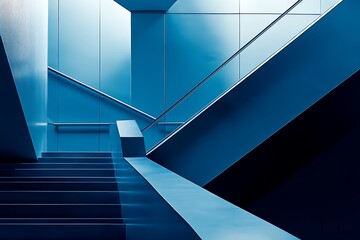 Fototapeta premium A serene journey down a modern, sleek staircase, bathed in cool blue light and shadows, creating a sense of quiet contemplation and architectural elegance.