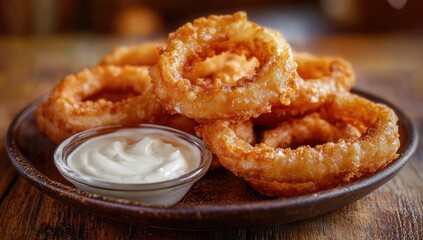 Crispy golden onion rings served with creamy dipping sauce (1)
