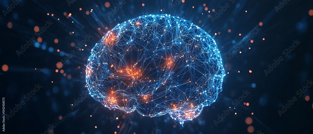 Poster Illuminated brain structure with interconnected nodes and vibrant energy on a dark backdrop : Generative AI