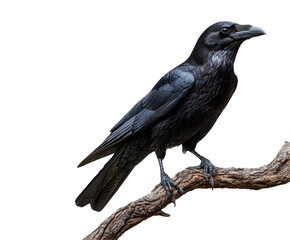 Obraz premium Majestic Black Bird Perched on a Branch Against a Dark Background