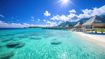 Fototapeta premium Aerial View of a Tropical Island with Pristine White Sand Beaches Crystal Clear Waters and Luxurious Overwater Bungalows Under a Bright Blue Sky