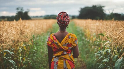 Fototapeta premium A woman in vibrant clothing walking through a wheat field