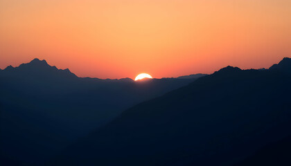 Majestic Sunset Over Silhouetted Mountain Range Peaceful Nature Scene
