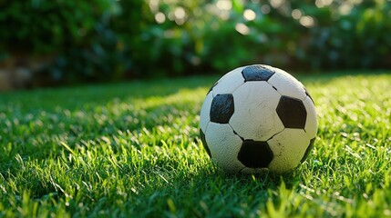 Fototapeta premium Soccer ball on green grass in sunlight.