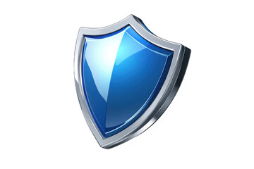 A 3d security shield icon with a glossy blue and silver design featuring a metallic finish and reflective surface for digital protection and cybersecurity isolated on transparent background