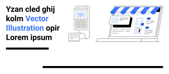 Laptop showing online store interface with digital payment terminal. Ideal for e-commerce, payment integration, digital storefronts, shopping solutions, business services, retail, simple landing page