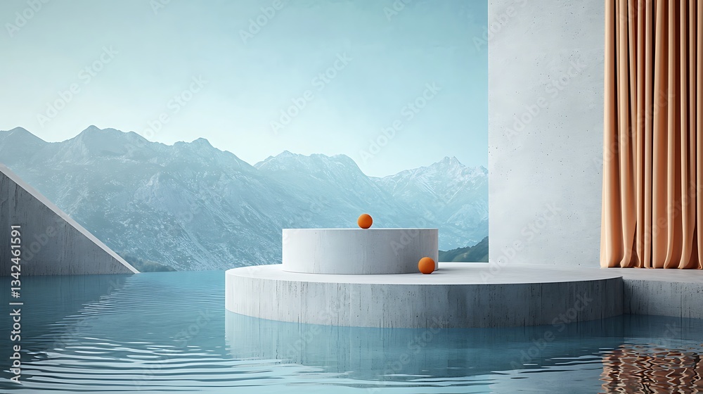 Poster modern minimalist display platform with orange orbs, overlooking mountain range, tranquil water sett