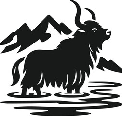 Yak standing in the middle of a river vector silhouette