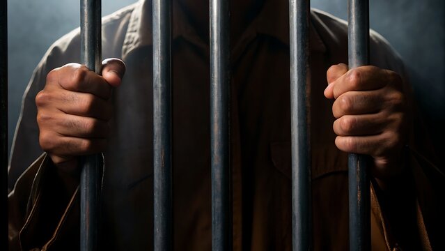 A Prisoners Hands Gripping Cold Steel Bars, A Silent Testament To Confinement And Loss Of Freedom, Shrouded In Dim, Smoky Light