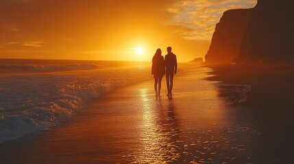 Sunset Stroll: A Couple's Romantic Beach Walk at Golden Hour