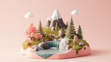 A stylized miniature landscape featuring mountains trees water and clouds