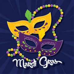 Two Mardi Gras masks with colorful beads on dark Vector