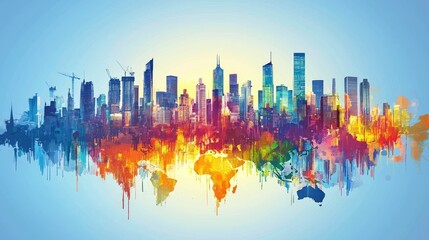 Fototapeta premium Colorful cityscape reflected in a watercolor world map.