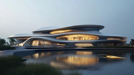 Obraz premium Modern, wave-shaped building illuminated at dusk, reflecting in calm water.