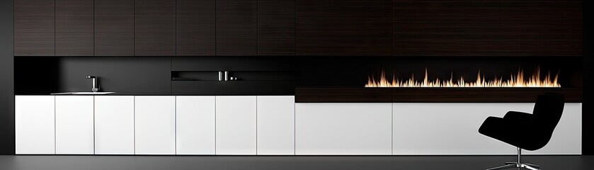 Modern kitchen area with flame display and a seat, home interior, design