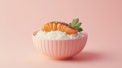 A bowl of white rice topped with grilled salmon and greens