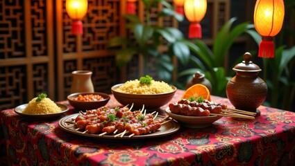 Naklejka premium A vibrant table spread featuring skewered meat, bowls of rice, and a small bowl of sauce, placed on a red patterned cloth with traditional lanterns hanging in the background