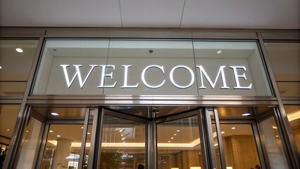 A Warm, Inviting Entrance Welcomes You Into A Bright, Modern Building With A Sleek, Illuminated Welcome Sign Above Revolving Doors