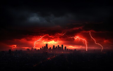 Obraz premium Red Lightning Storm City Skyline