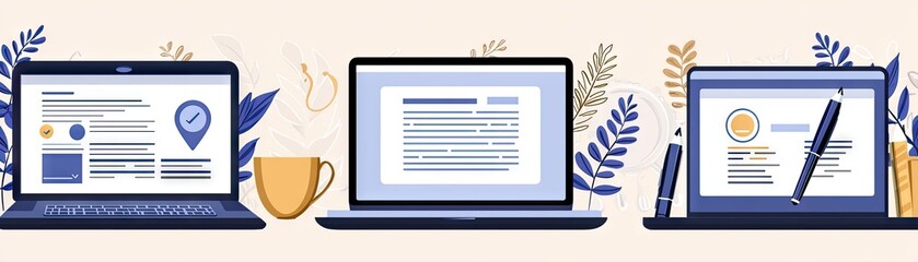 Multiple laptops with documents, coffee, and leaves