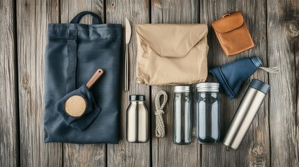 Collection of various sustainable travel accessories arranged on rustic wooden surface