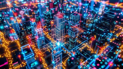 Futuristic cityscape overlaid with glowing digital lines and lights