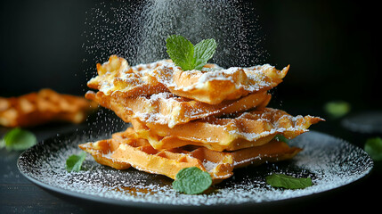 Golden Waffle Stack Dusted with Powdered Sugar and Mint Garnishing on Dark Plate in Elegant Arrangement