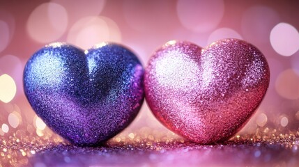 Obraz premium Two glittering hearts, pink and purple, on sparkly background.
