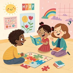 Children Playing with Blocks and Book – Educational Playtime Fun