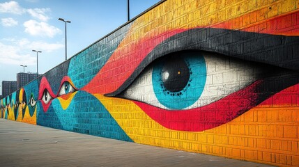 Vibrant Street Art: A Giant Eye Mural on a Brick Wall