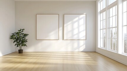 Fototapeta premium A serene minimalist living space bathed in sunlight, featuring two blank canvases and a lush potted plant, creating a tranquil and inviting atmosphere with light hardwood floors.