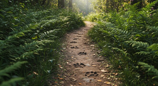 Walking Animal Trail Through Green Forest on Dirt Path Sunlight