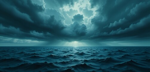Dramatic seascape under a stormy sky with a hint of sunlight breaking through