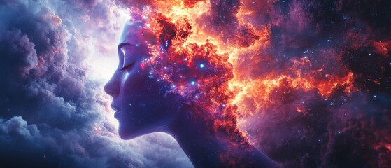 Fototapeta premium A woman's face is shown in the center of a colorful, starry sky