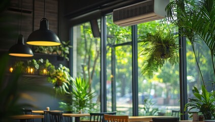Fototapeta premium Green Cafe Interior with Air Conditioning and Plants