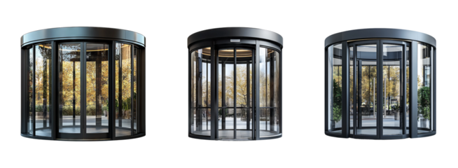 Modern Glass Revolving Door in Urban Office Building Exterior Design