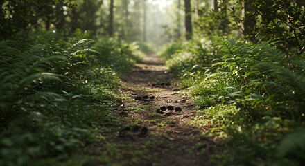 Following Footprints on Forest Path Through Lush Greenery and Sunlight