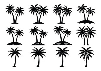 Set of black palm tree silhouettes in various decorative designs isolated on white background