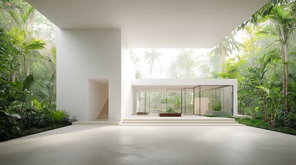 Obraz premium Modern tropical house with lush greenery. Open-concept design, showcasing natural light and seamless indoor/outdoor flow