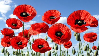 Fototapeta premium Vibrant Red Poppies Against a Cloudy Sky.