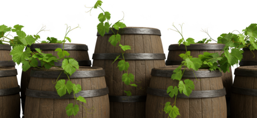 Wooden Barrels with Lush Grape Vines Rustic Winemaking Imagery
