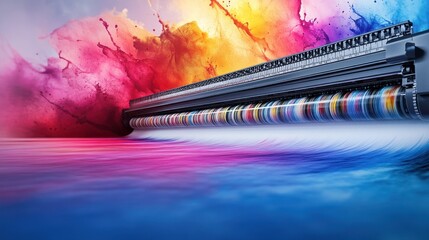 Large format printer printing vibrant colors onto fabric.