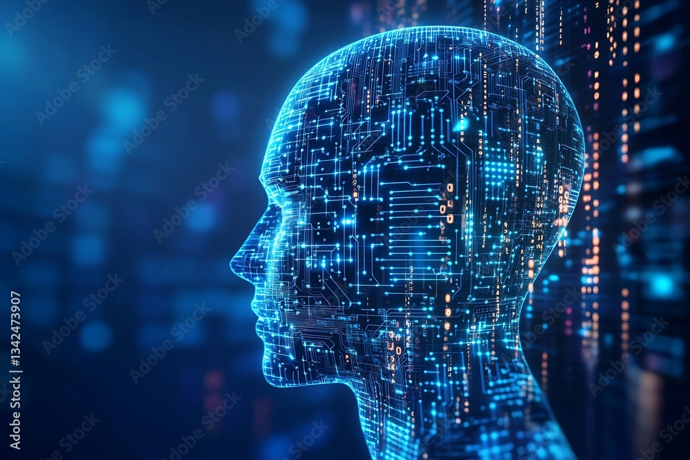 Poster Cybernetic human head silhouette merged with vibrant data and coding patterns : Generative AI