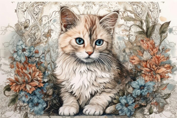 kitten with big blue eyes sitting among flowers. The background is made in pastel colors with elegant patterns, creating an atmosphere of tenderness and sophistication.  