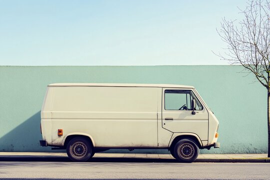 Old white delivery van parked on the street against wall on a sunny day.