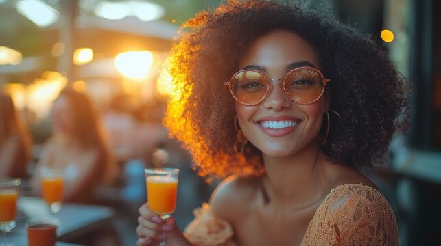 Sunset Portrait of a Smiling Woman Enjoying a Drink