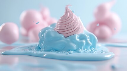 Pink swirl ice cream in blue liquid splash