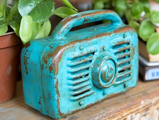 Vintage Teal Radio on Wooden Shelf.