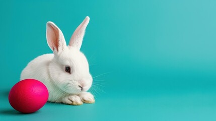 Fototapeta premium Delight in the charm of a cute bunny amidst colorful Easter eggs, perfect for brightening your holiday decor.