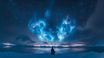 Person Contemplating Vibrant Aurora Borealis over Arctic Winter Landscape